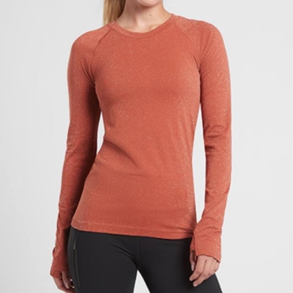 Athleta Momentum Sparkly Orange Long Sleeve Crew Neck Seamless Top small